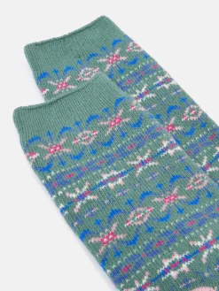 Women's Lucille Green Fair Isle Boot Socks (size 4-8)